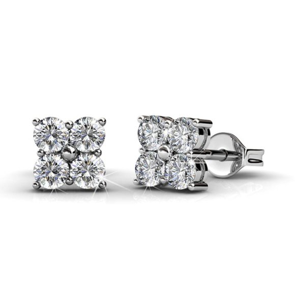 Square Flower Diamond Stud Earrings Australian Crystals - Picture 4 of 5